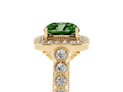 Fancy Green Cushion Cut Diamond Milgrain Halo Solitaire Ring Set in Yellow gold with Bezel Set Side Stones and Pavé Band