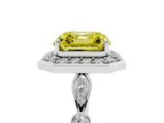Fancy Yellow Asscher Cut Diamond Halo Engagement Ring Set in Platinum with Twisted Band and Prong Setting