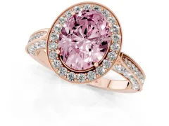 Fancy Pink Oval Cut Diamond Halo Engagement Ring Set in Rose gold with Accent Split Shank Band