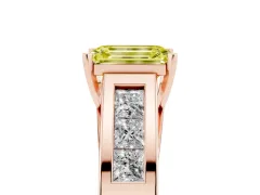 Fancy Yellow Emerald Cut Diamond Solitaire Ring Set in Rose gold with Channel-Set Accent Stones and Prong Setting