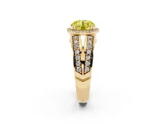 Fancy Yellow Round Cut Diamond Halo Ring Set in Yellow gold with Double Pavé Split Shank