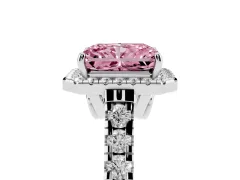 Fancy Pink Radiant Cut Diamond Halo Engagement Ring Set in White gold with Pavé Band and Prong-Set Center