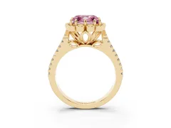 Fancy Pink Asscher Cut Diamond Floral Halo Split Shank Engagement Ring Set in Yellow gold with Pavé Shank
