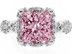 Fancy Pink Princess Cut Diamond Halo Twist Band Solitaire Ring Set in Silver with Prong-Set Center Stone