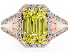 Fancy Yellow Emerald Cut Diamond Halo Split Shank Pavé Ring Set in Rose gold with Prong Setting