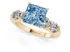 Fancy Blue Princess Cut Diamond Five-Stone Prong Set Ring Set in Yellow gold with Classic Band