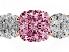 Fancy Pink Cushion Cut Diamond Three-Stone Ring Set in Rose gold with Plain Polished Band