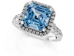 Fancy Blue Asscher Cut Diamond Halo Engagement Ring Set in Platinum with Pavé Band and Prong-Set Center