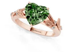 Fancy Green Heart Cut Diamond Solitaire Ring Set in Rose gold with Leaf Motif Band