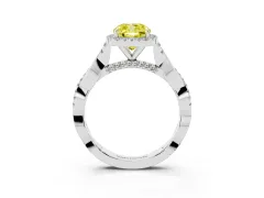 Fancy Yellow Cushion Cut Diamond Halo Twist Band Solitaire Ring Set in Platinum with Prong Setting