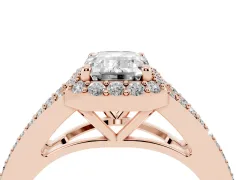 Emerald Cut Diamond Halo Split Shank Pavé Ring Set in Rose gold with Prong Setting