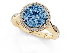Fancy Blue Round Cut Diamond Halo Twist Band Solitaire Ring Set in Yellow gold with Prong Setting