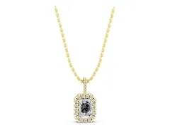 Emerald Cut Diamond Halo Pendant Set in Yellow gold with Round Halo and Prong Setting