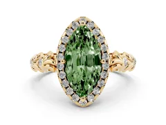 Fancy Green Marquise Cut Diamond Halo Ring Set in Yellow gold with Filigree Leaf Band and Prong Setting