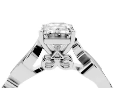 Emerald Cut Diamond Vine Band Solitaire Ring Set in Platinum with Milgrain Prong Setting
