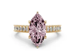Fancy Pink Marquise Cut Diamond Solitaire Ring Set in Yellow gold with Milgrain-Edged Pavé Band and Prong Setting