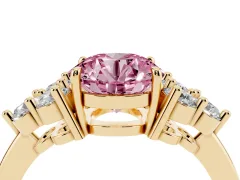 Fancy Pink Round Cut Diamond Solitaire Ring Set in Yellow gold with Cluster Accents on Each Side
