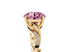 Fancy Pink Round Cut Diamond Vine Band Solitaire Ring Set in Yellow gold with Milgrain Prong Setting
