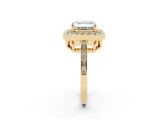 Asscher Cut Diamond Halo Ring Set in Yellow gold with Accent-Lined Split Shank and Prong Setting
