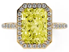 Fancy Yellow Radiant Cut Diamond Halo Engagement Ring Set in Yellow gold with Round Pavé Shoulders and Heart Gallery