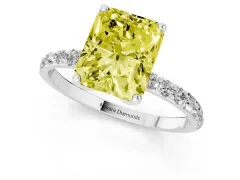 Fancy Yellow Radiant Cut Diamond Solitaire Engagement Ring Set in White gold with Round Pavé Band and Prong Setting