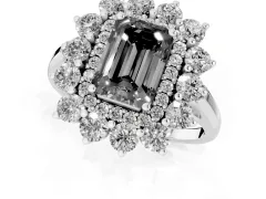 Fancy Black Emerald Cut Diamond Floral Double Halo Ring Set in Silver with Round Petals