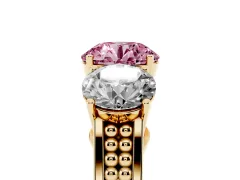 Fancy Pink Round Cut Diamond Three-Stone Ring Set in Yellow gold with Textured Band