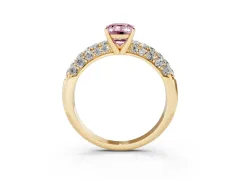 Fancy Pink Emerald Cut Diamond Pavé Band Solitaire Ring Set in Yellow gold with Close-Set Accent Stones and Prong Setting