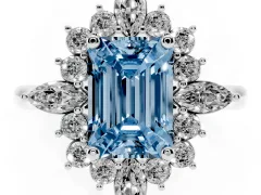 Fancy Blue Emerald Cut Diamond Cluster Halo Ring Set in Platinum with Marquise and Round Accents