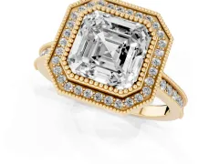 Asscher Cut Diamond Halo Milgrain Pavé Band Ring Set in Yellow gold with Prong Setting