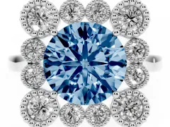 Fancy Blue Round Cut Diamond Cluster Halo Ring Set in Platinum with Milgrain Bezel Accents and Plain Band