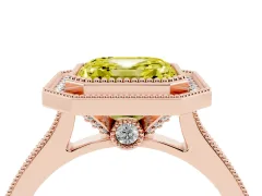 Fancy Yellow Asscher Cut Diamond Halo Milgrain Pavé Band Ring Set in Rose gold with Prong Setting