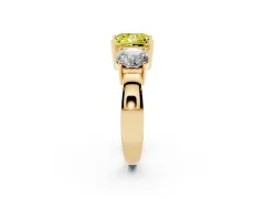 Fancy Yellow Princess Cut Diamond Three-Stone Ring Set in Yellow gold with Round Side Stones and Classic Band
