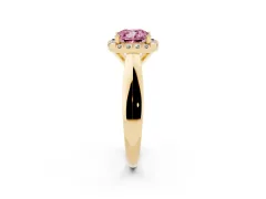Fancy Pink Cushion Cut Diamond Halo Solitaire Engagement Ring Set in Yellow gold with Square Band and Prong Setting
