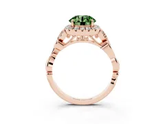 Fancy Green Round Cut Diamond Halo Engagement Ring Set in Rose gold with Vintage-Inspired Band and Prong Setting
