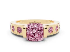 Fancy Pink Cushion Cut Diamond Channel-Set Band Ring Set in Yellow gold with Bezel Prong Setting