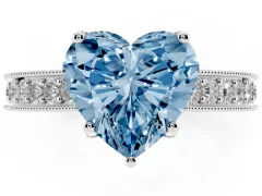 Fancy Blue Heart Cut Diamond Solitaire Ring Set in Silver with Milgrain-Edged Pavé Band and Prong Setting