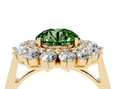Fancy Green Round Cut Diamond Floral Double Halo Ring Set in Yellow gold with Round Petals