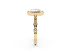 Princess Cut Diamond Halo Engagement Ring Set in Yellow gold with Milgrain Band and Prong Setting
