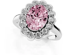 Fancy Pink Oval Cut Diamond Halo Cluster Engagement Ring Set in Silver with Solitaire Band and Prong Setting