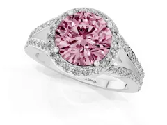 Fancy Pink Round Cut Diamond Halo Split Shank Ring Set in White gold with Accent Stones and Prong Setting