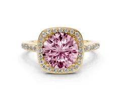 Fancy Pink Round Cut Diamond Halo Engagement Ring Set in Yellow gold with Round Pavé Shoulders and Heart Gallery