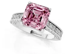 Fancy Pink Asscher Cut Diamond Solitaire Ring Set in Silver with Milgrain-Edged Pavé Band and Prong Setting