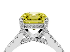 Fancy Yellow Asscher Cut Diamond Solitaire Ring Set in Platinum with Brilliant Pavé Band and Prong Setting