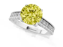 Fancy Yellow Round Cut Diamond Solitaire Ring Set in Silver with Milgrain-Edged Pavé Band and Prong Setting