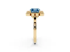 Fancy Blue Asscher Cut Diamond Cluster Halo Ring Set in Yellow gold with Milgrain Bezel Accents and Plain Band