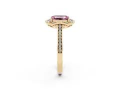 Fancy Pink Emerald Cut Diamond Halo Ring Set in Yellow gold with Pavé-Lined Shoulders and Prong Setting