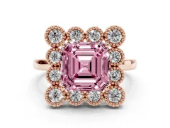 Fancy Pink Asscher Cut Diamond Cluster Halo Ring Set in Rose gold with Milgrain Bezel Accents and Plain Band