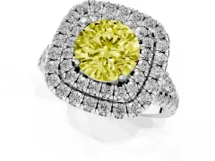 Fancy Yellow Round Cut Diamond Double Halo Ring Set in White gold with Pavé Split Shank and Prong Setting