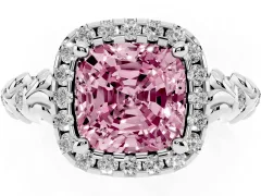 Fancy Pink Cushion Cut Diamond Halo Ring Set in Silver with Filigree Leaf Band and Prong Setting